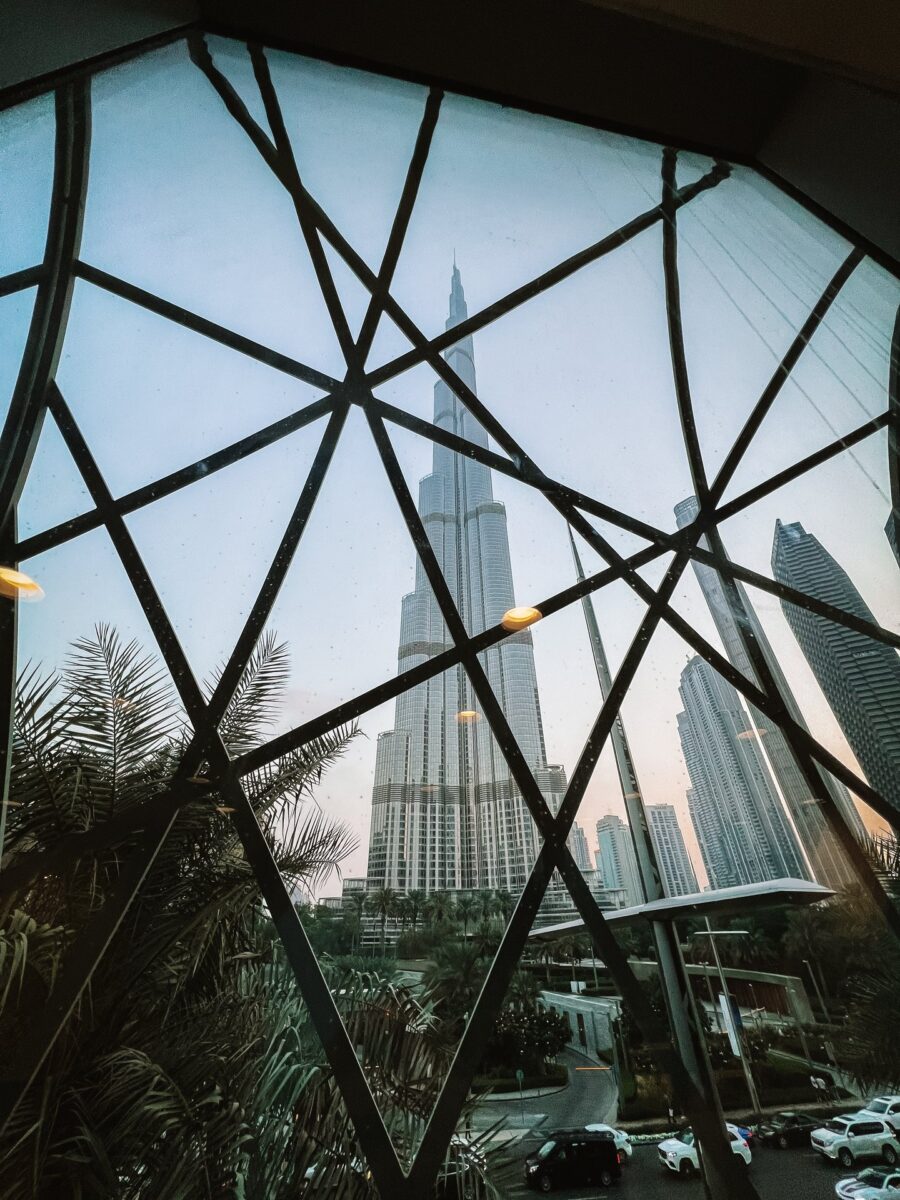 Burj Khalifa seen through a geometric glass dome, Dubai